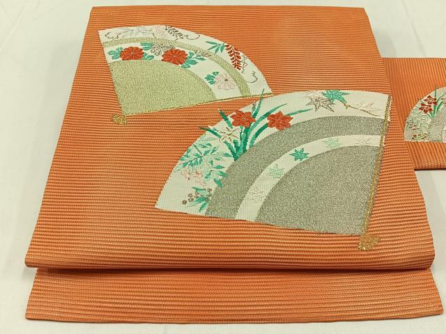 平和屋着物＊夏物　九寸名古屋帯　扇面花文　銀糸　正絹　逸品　AAAY4323jh