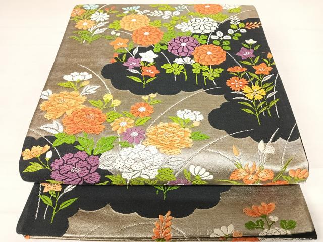 平和屋着物◎六通柄袋帯　唐織　雲取り草花文　黒地　銀糸　正絹　逸品　AABC4634yx