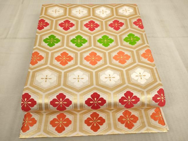 平和屋着物∵子供 全通柄袋帯 唐織 亀甲花菱文 金糸 逸品 AABE2163ja