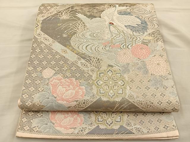 平和屋着物◎六通柄袋帯 唐織 草花文 鶴 金銀糸 正絹 逸品 BAAT3938xa