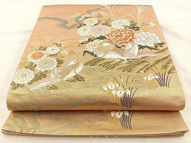 平和屋着物◎六通柄袋帯　唐織　鴛鴦花文　金糸　正絹　逸品　BAAT6966ph