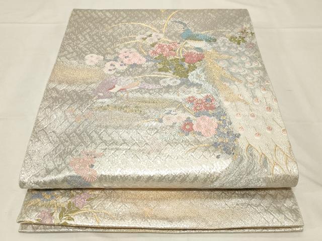平和屋着物▼六通柄袋帯　孔雀草花文　金銀糸　正絹　逸品　CABA8921dy