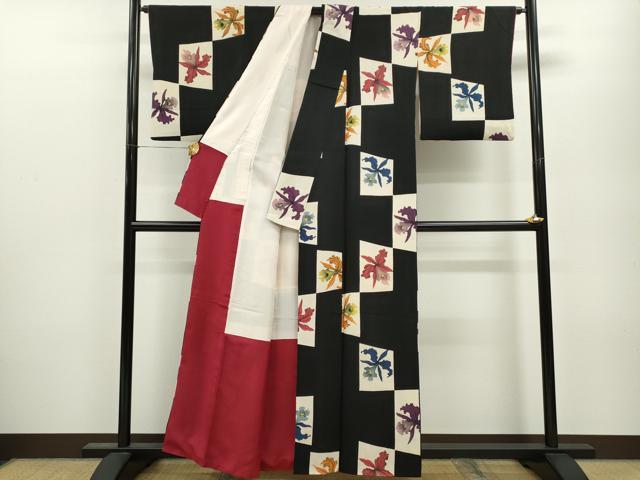 平和屋着物●上質な小紋　型染め　カトレア　黒地　鬼しぼ縮緬　正絹　逸品　CAAY6224ze 3