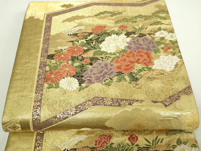 平和屋着物▼六通柄袋帯　草花文　金糸　正絹　逸品　DAAW9333sf