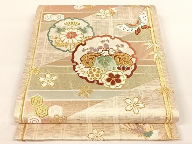 平和屋着物◎六通柄袋帯　唐織　花蝶文　金糸　正絹　逸品　AAAN3293wt