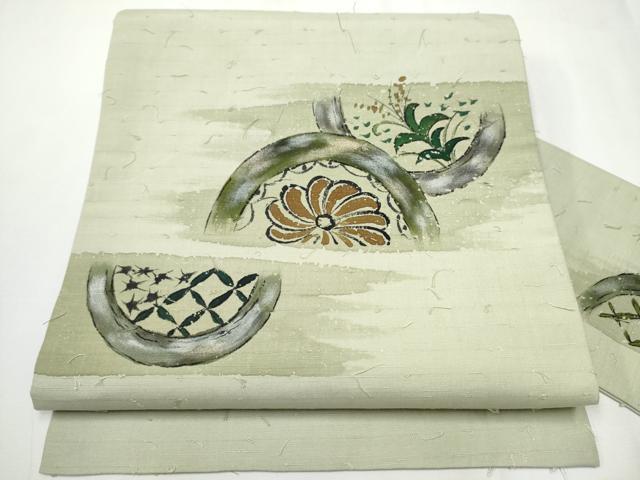 平和屋着物●九寸名古屋帯　手描き　髭紬　草花文　金銀彩　正絹　逸品　CAAZ4192hy