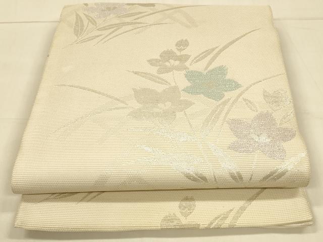 平和屋着物＊夏物　六通柄袋帯　草花文　銀糸　正絹　逸品　DAAT1740cm