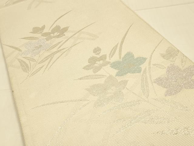 平和屋着物＊夏物　六通柄袋帯　草花文　銀糸　正絹　逸品　DAAT1740cm
