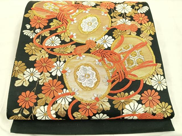 平和屋着物◎六通柄袋帯　唐織　鼓花文　黒地　金銀糸　正絹　逸品　BAAU0704mz