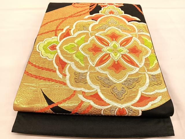 平和屋着物◎六通柄袋帯　唐織　几帳花菱文　黒地　金糸　正絹　逸品　BAAU7973hv