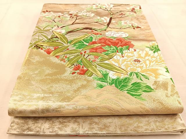 平和屋着物◎西陣 太鼓柄袋帯 唐織 春日牡丹図 金糸 正絹 逸品 BAAU9545yc