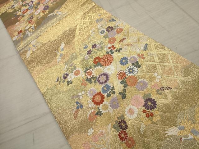 平和屋着物▼六通柄袋帯　唐織　飛鶴花籬文　金糸　正絹　逸品　AABC6357wj