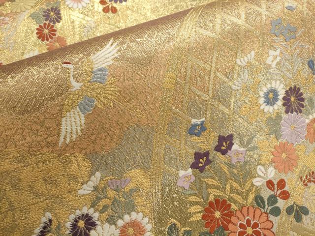 平和屋着物▼六通柄袋帯　唐織　飛鶴花籬文　金糸　正絹　逸品　AABC6357wj