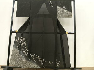 平和屋着物*夏物 訪問着 絽 枝垂れ柳 たたき染め 黒地 銀彩 正絹 逸品 BAAT4392pk