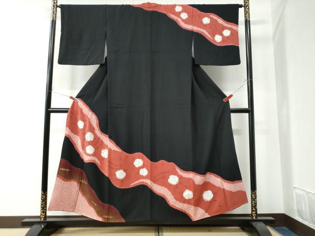 平和屋着物●訪問着　辻が花　手描き　絞り　黒地　金通し地　正絹　逸品　CAAZ3304yc