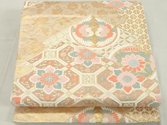 平和屋着物◎六通柄袋帯 唐草 松皮菱正倉院花鳥文 鶴 金糸 正絹 逸品 DAAZ8152cd