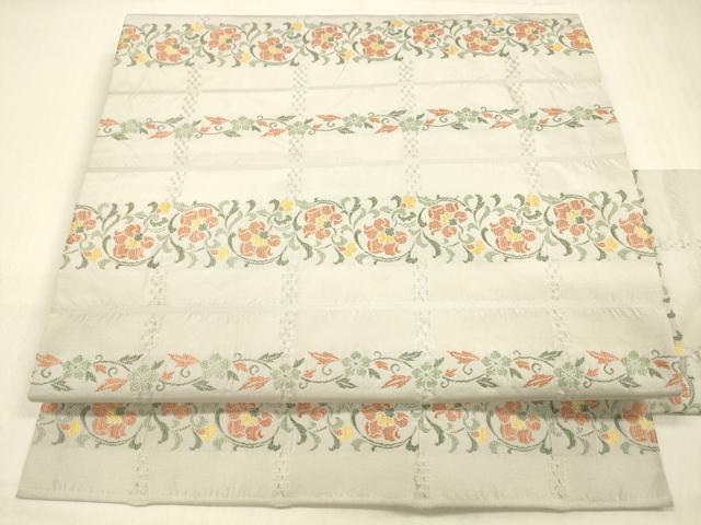 平和屋着物●九寸名古屋帯　ふくれ織　横段花唐草文　正絹　逸品　DABB3192cm