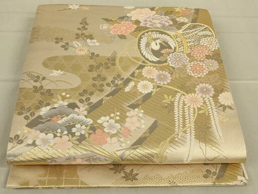 平和屋着物◎六通柄袋帯 エ霞花鳥文 鶴 プラチナ二重箔 正絹 逸品 AAAP2892ou 平和屋着物◎六通柄袋帯 エ霞花鳥文 鶴 プラチナ二重箔 正絹 逸品 AAAP2892ou