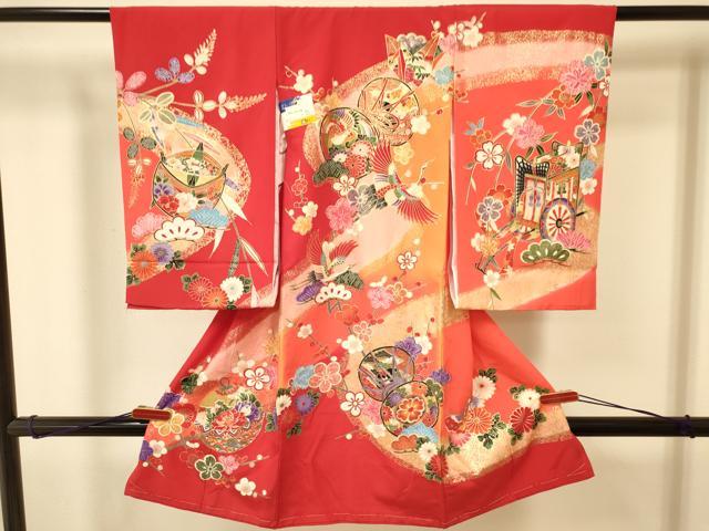 平和屋着物[]お宮参り　女の子　祝着　産着　初着　のしめ　糸車　折り鶴　鳳凰鼓飛鶴花蝶文　金彩　逸..