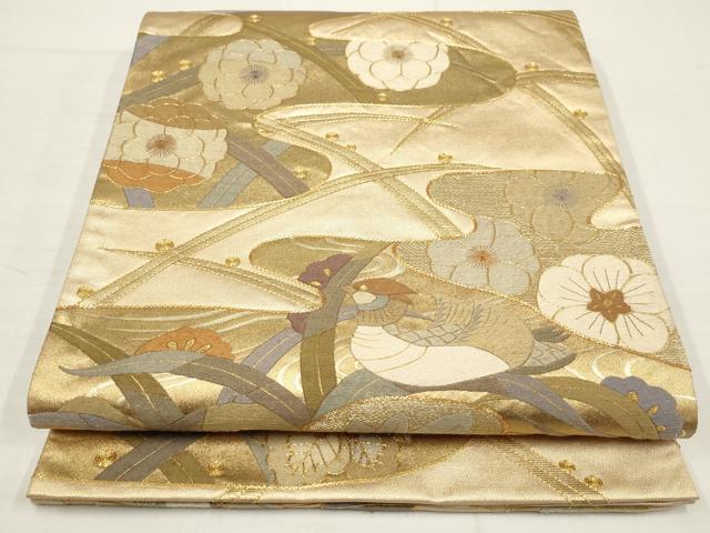 平和屋着物▼総刺繍　袋帯　駒刺繍　霞鴛鴦花文　金糸　正絹　逸品　AABA8581wj