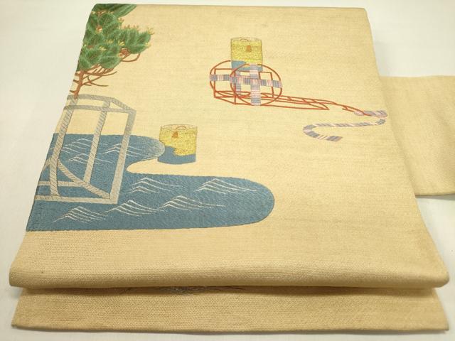 Other - 平和屋着物●アンティーク　大正ロマン　九寸名古屋帯　総手刺繍　枝松　器物文　金銀糸　正絹　逸品　DABD0705op