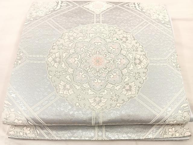 平和屋着物◎六通柄袋帯　唐織　正倉院花文　銀彩　正絹　逸品　BAAU0722mz