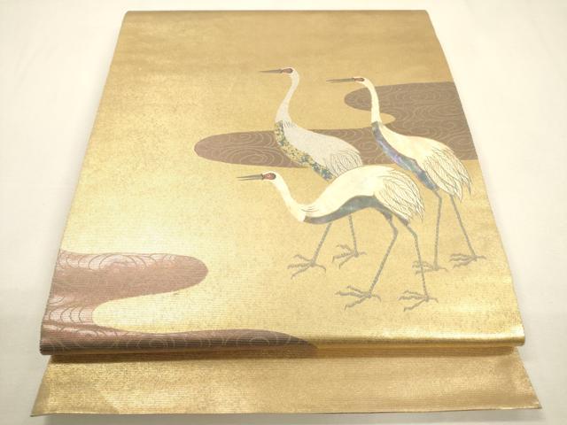 平和屋着物▼太鼓柄袋帯　作家物　螺鈿箔　群鶴　金彩　引箔　正絹　逸品　CAAY4330ak
