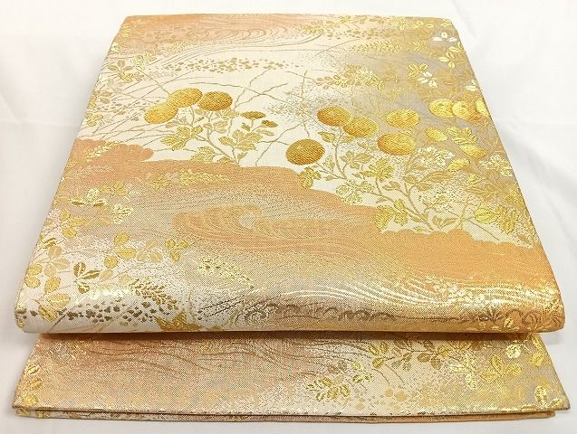 平和屋着物◎佐賀錦　六通柄袋帯　流水草花文　金糸　正絹　逸品　AAAK6052Bcy