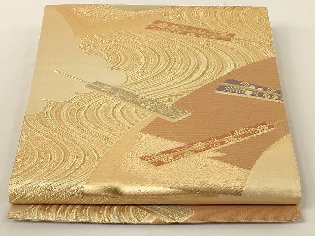 平和屋着物◎六通柄袋帯　地紙流水文　金糸　正絹　逸品　AAAK0698Amf