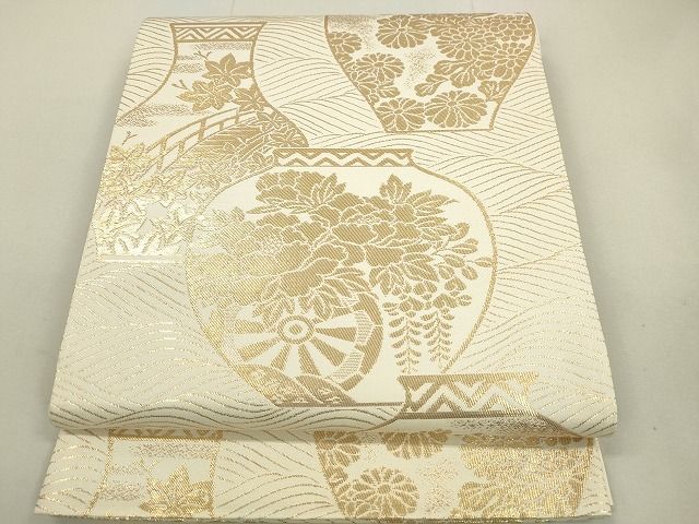 平和屋着物◎西陣 六通柄袋帯 陶器花文 金糸 証紙付き 逸品 DAAI2064rt