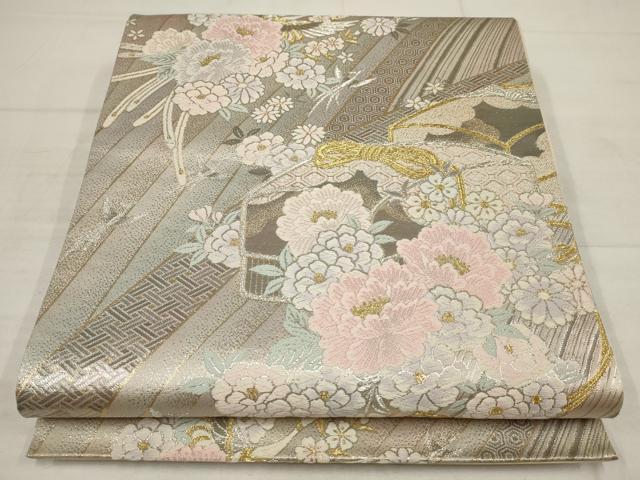 平和屋着物▼六通柄袋帯　花鳥文箱文　プラチナ箔　金銀糸　正絹　逸品　AABB9893wj