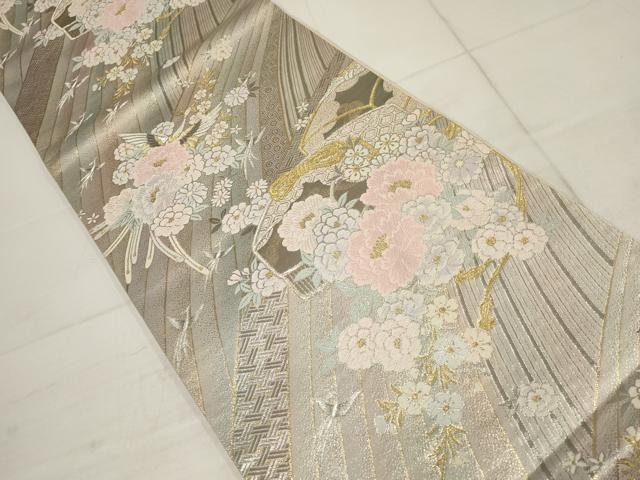 平和屋着物▼六通柄袋帯　花鳥文箱文　プラチナ箔　金銀糸　正絹　逸品　AABB9893wj