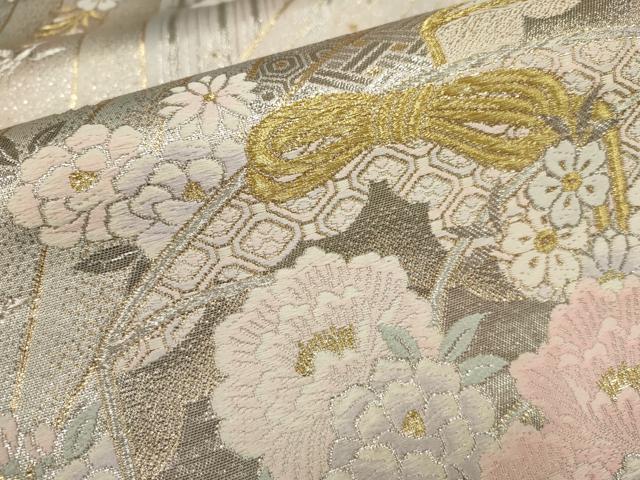 平和屋着物▼六通柄袋帯　花鳥文箱文　プラチナ箔　金銀糸　正絹　逸品　AABB9893wj