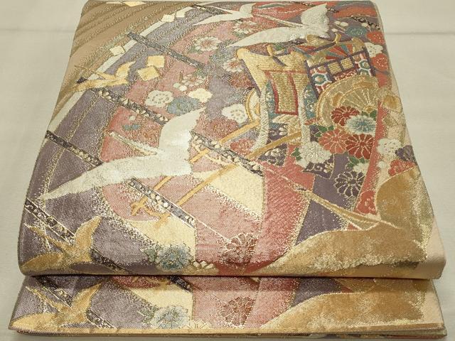 平和屋着物◎九百佐賀錦　六通柄袋帯　御所車飛鶴花文　慶長　金銀糸　正絹　逸品　DAAS8367qp