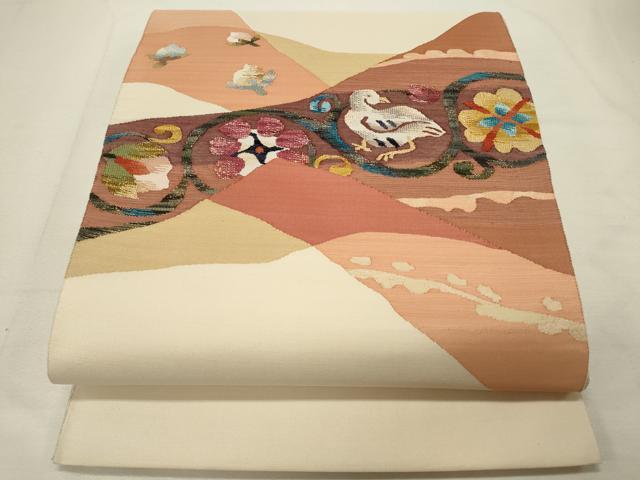 平和屋着物◎太鼓柄袋帯　綴れ　すくい織　花鳥文　金糸　正絹　逸品　CAAT4418in