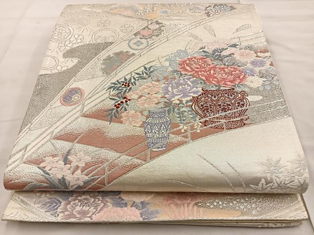 平和屋着物◎六通柄袋帯　唐織　花鳥錦　飾花文　プラチナ二重織　正絹　逸品　BAAT4479wb