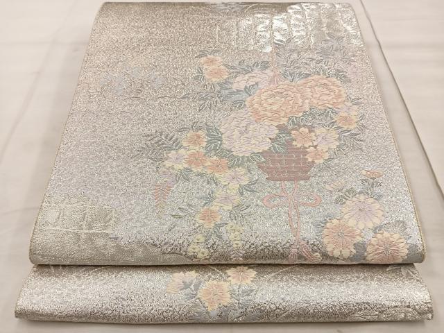 平和屋着物◎六通柄袋帯 唐織 花籠文 銀糸 正絹 逸品 BAAT4486wb
