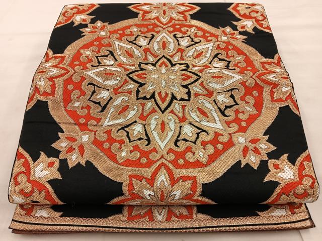 平和屋着物◎六通柄袋帯 正倉院花文 黒地 金糸 正絹 逸品 BAAT4512wb
