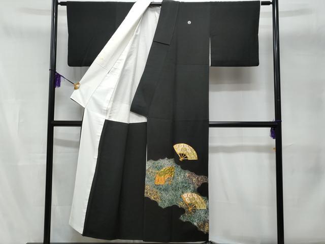 平和屋着物■豪華黒留袖　駒刺繍　扇面花文　金彩　正絹　逸品　CABA7742fb