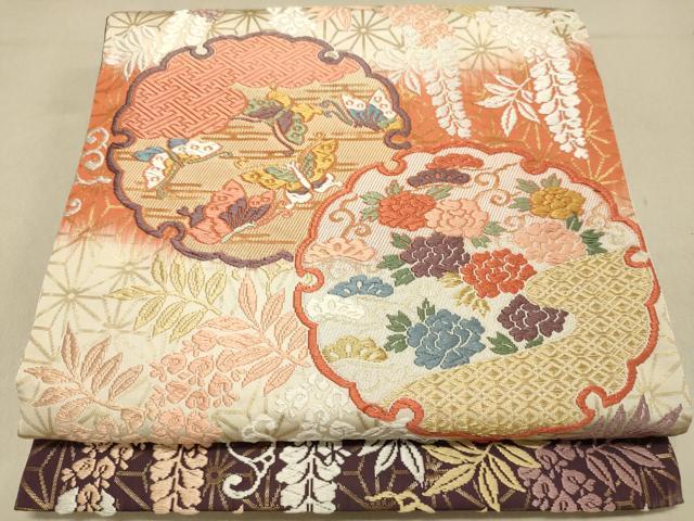 平和屋着物◎六通柄袋帯 唐織 雪輪舞蝶花文 金糸 正絹 逸品 DAAS5824we