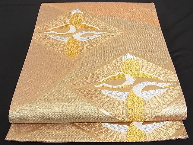 平和屋着物■六通柄袋帯 唐織 双鶴菱文 金糸 正絹 逸品 B-jd1529