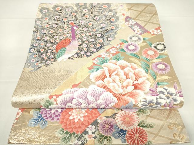 平和屋着物▼六通柄袋帯　唐織　青海孔雀草花文　金糸　正絹　逸品　DAAY9050az