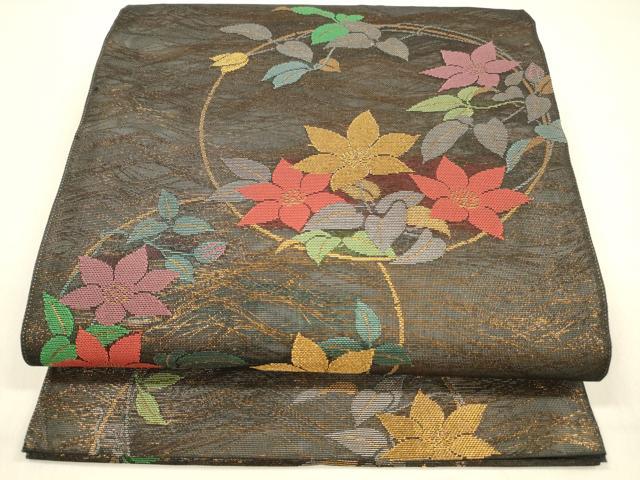 平和屋着物＊夏物　全通柄　本袋帯　草花丸文　黒地　金糸　正絹　逸品　DABA0672cm