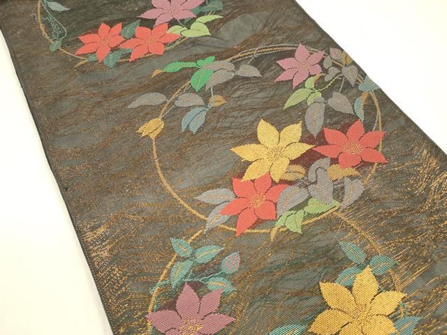 平和屋着物＊夏物　全通柄　本袋帯　草花丸文　黒地　金糸　正絹　逸品　DABA0672cm
