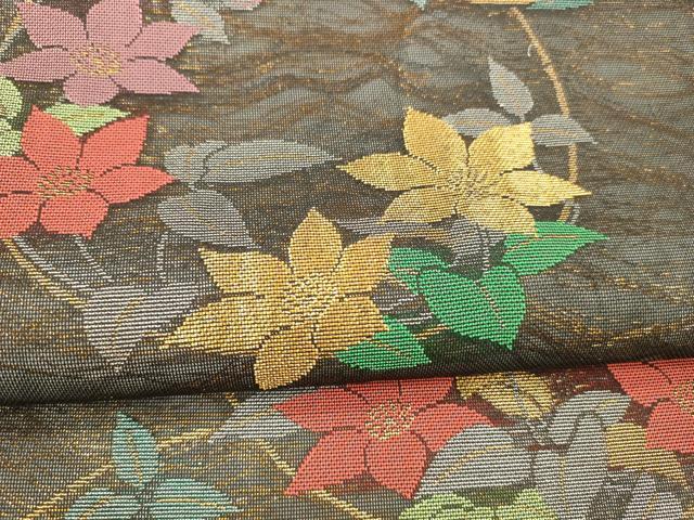 平和屋着物＊夏物　全通柄　本袋帯　草花丸文　黒地　金糸　正絹　逸品　DABA0672cm