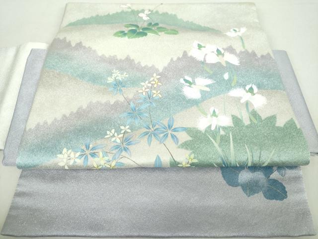 Rakuten - 平和屋着物●つけ帯　手描き　刺繍　草花文　サギソウ　金彩　銀通し地　正絹　逸品　未使用　DABA1862ps