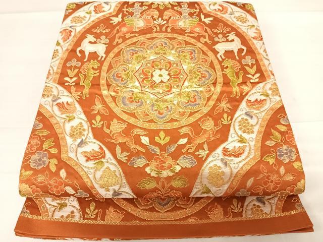 平和屋着物◎六通柄袋帯　狩猟動物花文　金糸　正絹　逸品　AABD5679yx