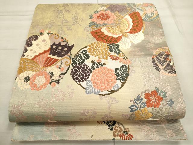 平和屋着物◎六通柄袋帯　唐織　花蝶丸文　金通し地　正絹　逸品　CAAO6754dy