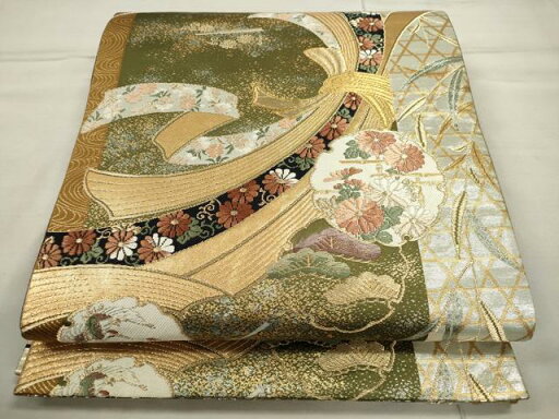 平和屋着物◎六通柄袋帯 唐織 束ね熨斗雪輪花文 金銀糸 正絹 逸品 CAAO6755dy 平和屋着物◎六通柄袋帯 唐織 束ね熨斗雪輪花文 金銀糸 正絹 逸品 CAAO6755dy