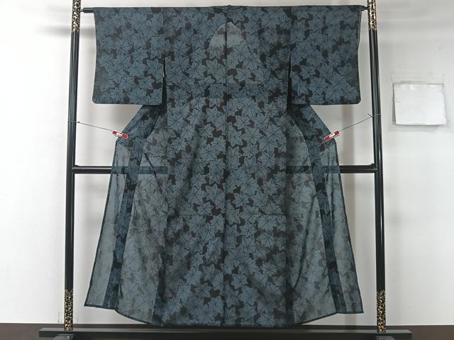 平和屋着物＊夏物　小紋　紗　楓文　黒地　洗える着物　CAAT2513xi